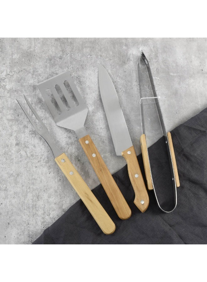 4-Piece Wooden Handle BBQ Tool Set – Stainless Steel Utensils with Classic Wood Grips & Black Carry Case, Essential Grilling Kit - Image 4